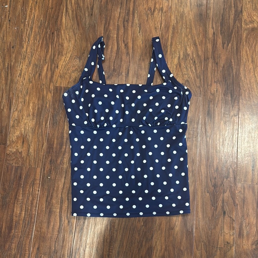 Lands End Polka Dot Navy Blue Tankini Swim Top - 14 D